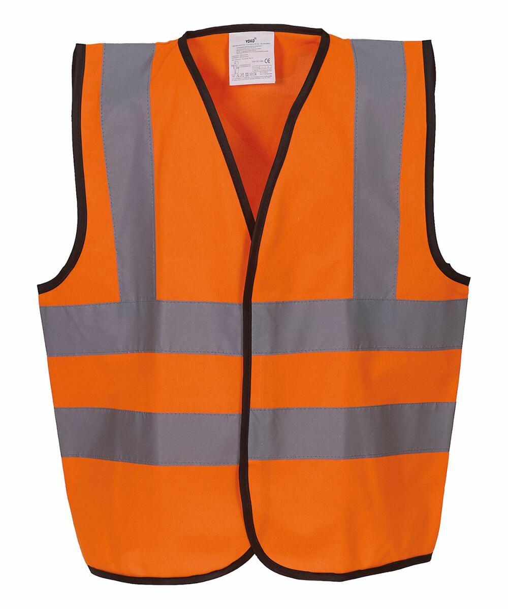 A Yoko YK100 bright orange safety vest with reflective silver-gray horizontal stripes and black trim around the edges.