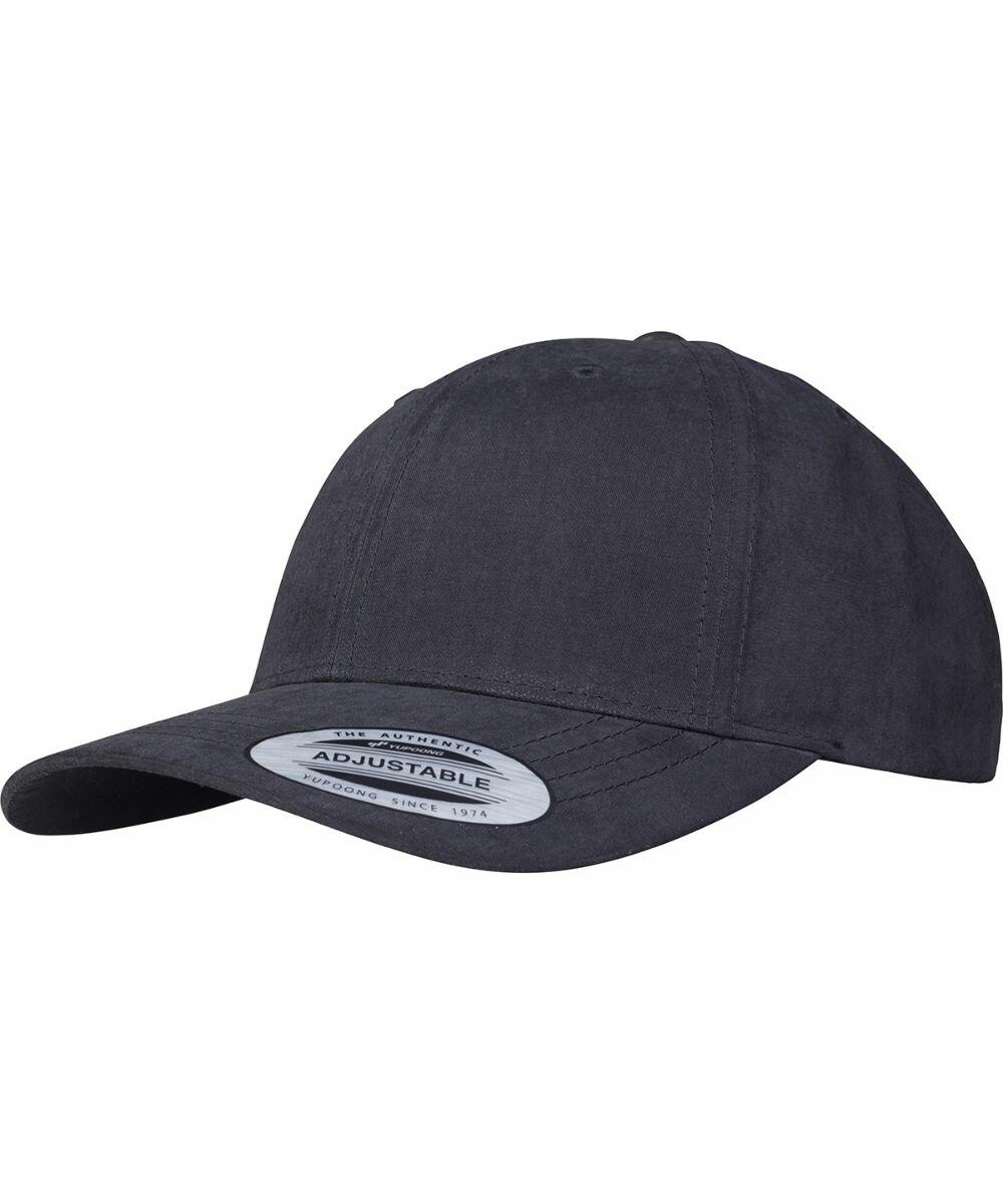 A plain dark gray baseball cap with a curved brim and an adjustable strap. A sticker on the brim indicates it is a YP137 by Flexfit By Yupoong.