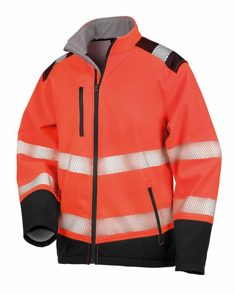 The R476X safety jacket by Result Safeguard is available in a high-visibility orange color, featuring reflective stripes and black accents.