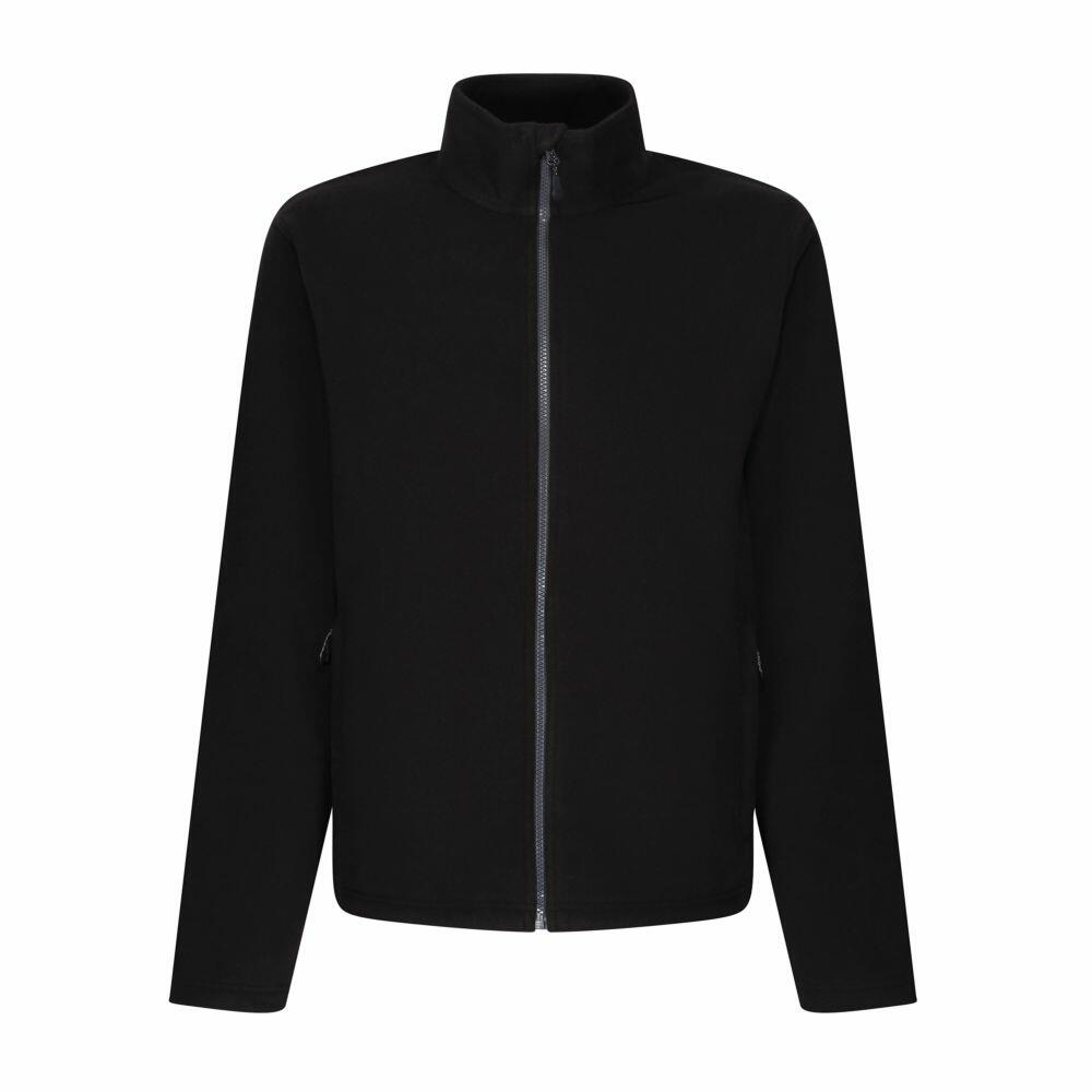 RG360 by Regatta Honestly Made, a black zip-up jacket featuring long sleeves and a high collar, showcased on a white background.