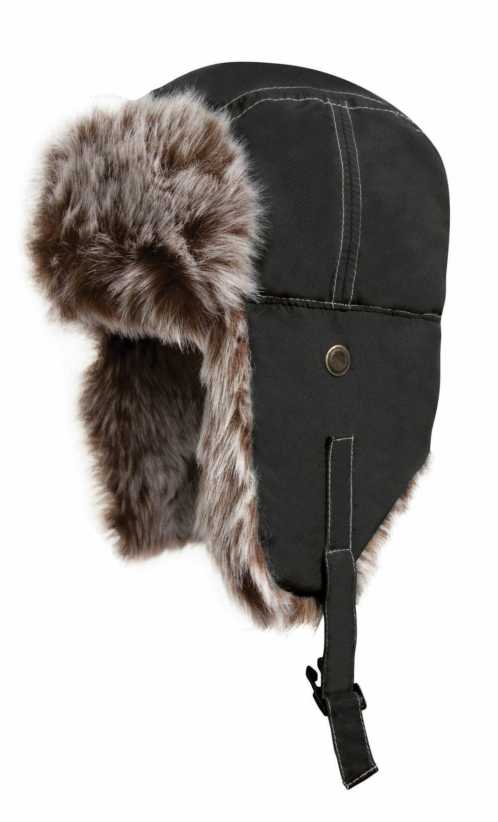 The Result Winter Essentials RC056 is a black aviator hat featuring ear flaps with faux fur lining, a buckle strap, and a button on the side.