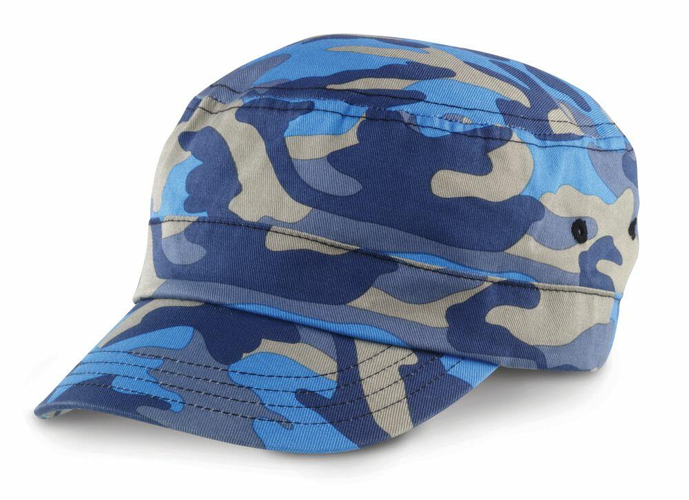 The product displayed is a military-style cap with a short brim in a blue camouflage pattern from Result Headwear, known as the RC59X.
