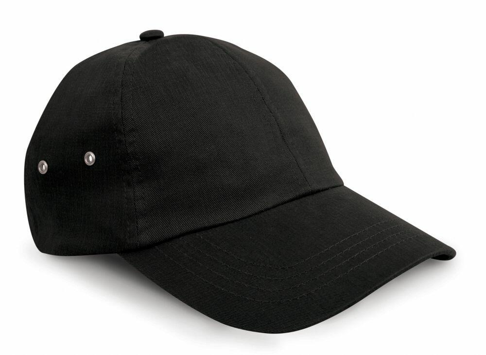 Introducing the Result Headwear RC63X: a sleek black baseball cap with a curved brim, featuring two ventilation eyelets on each side for added comfort.