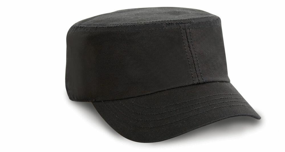 The RC70X by Result Headwear is a black military-style cap featuring a flat top and a short, curved brim.