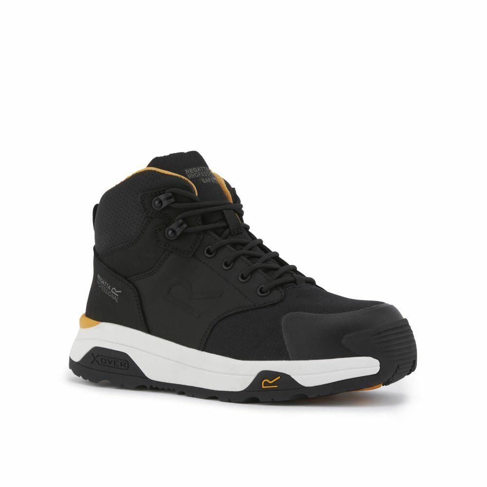 The RG577 by Regatta Safety Footwear is a black and white high-top sneaker with yellow accents and a thick sole, featuring a lace-up design.