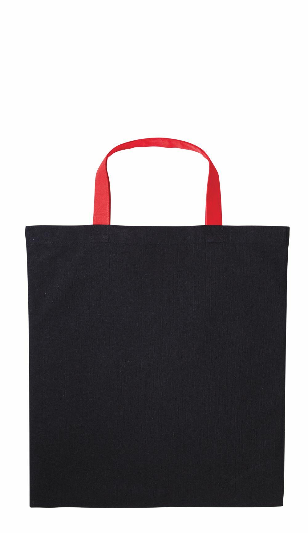 The Nutshell RL130 tote bag, featuring a black body contrasted with red handles, is displayed against a white backdrop.