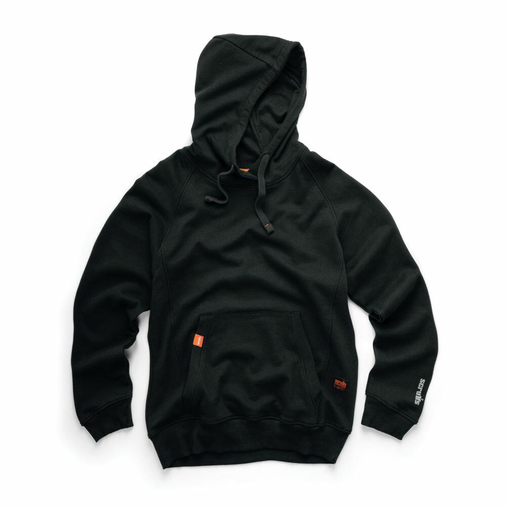 A Scruffs SH003 black hoodie with a front pocket and drawstring hood, featuring small orange and white tags on its lower front and side.