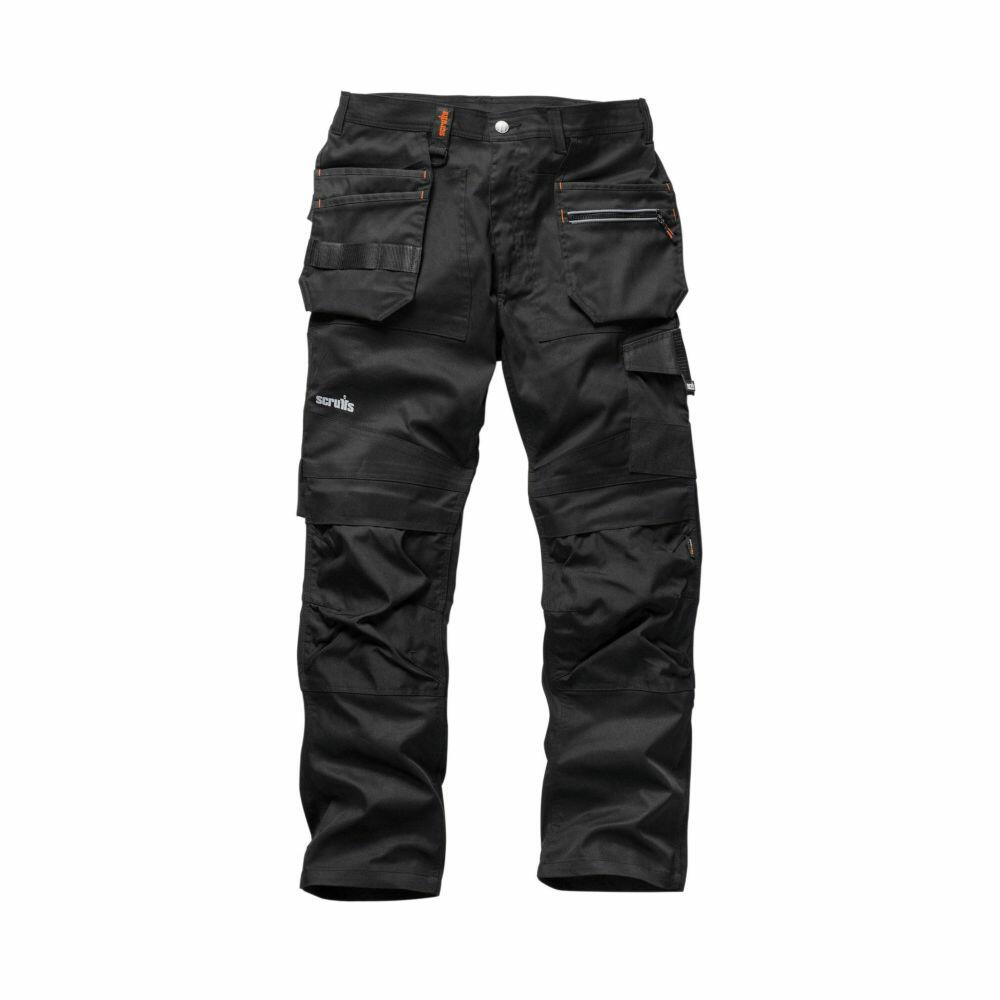 Scruffs SH027 cargo work pants in black, featuring multiple pockets and a button closure, displayed on a white background.