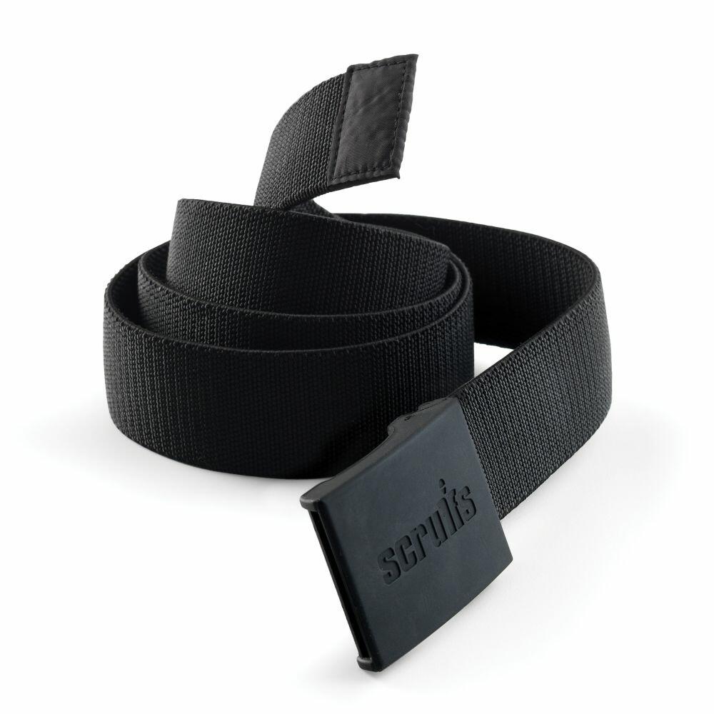 A belt branded as "Scruffs," featuring a black webbed design and a rectangular buckle displaying the product name "SH031.