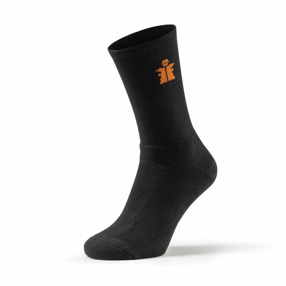 The Scruffs SH055 features a single black sock with an orange logo near the top, displayed upright against a white background.