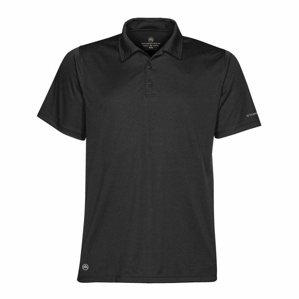The Stormtech ST669, a black short-sleeve polo shirt with buttons and a collar, is displayed against a white background.