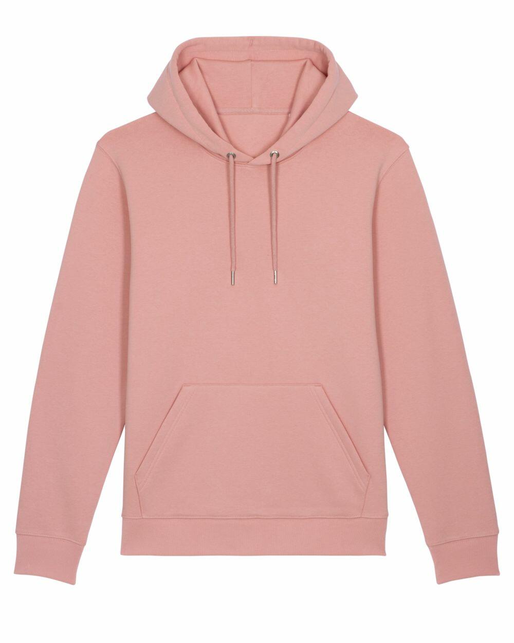 A Stanley/Stella SX005 hoodie in plain pink, featuring a front pocket and drawstring. The hoodie is displayed on a white background, highlighting its long sleeves and relaxed fit.