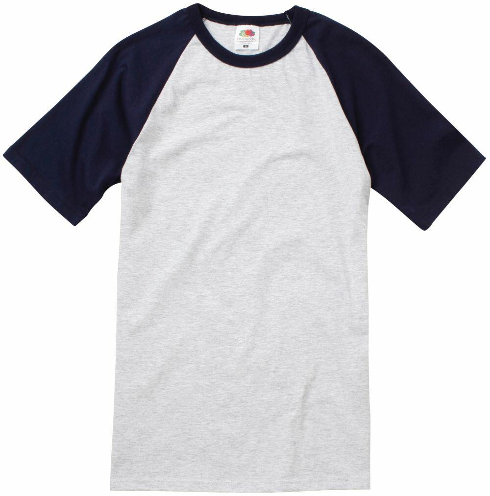 Fruit of the Loom's SS026 is a short-sleeved raglan t-shirt featuring a light gray body and dark blue sleeves.