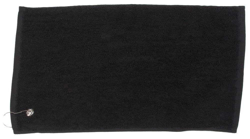 A TC013 from Towel City, featuring a smooth texture, is a plain black wireless pocket receiver towel with a small button in the corner.