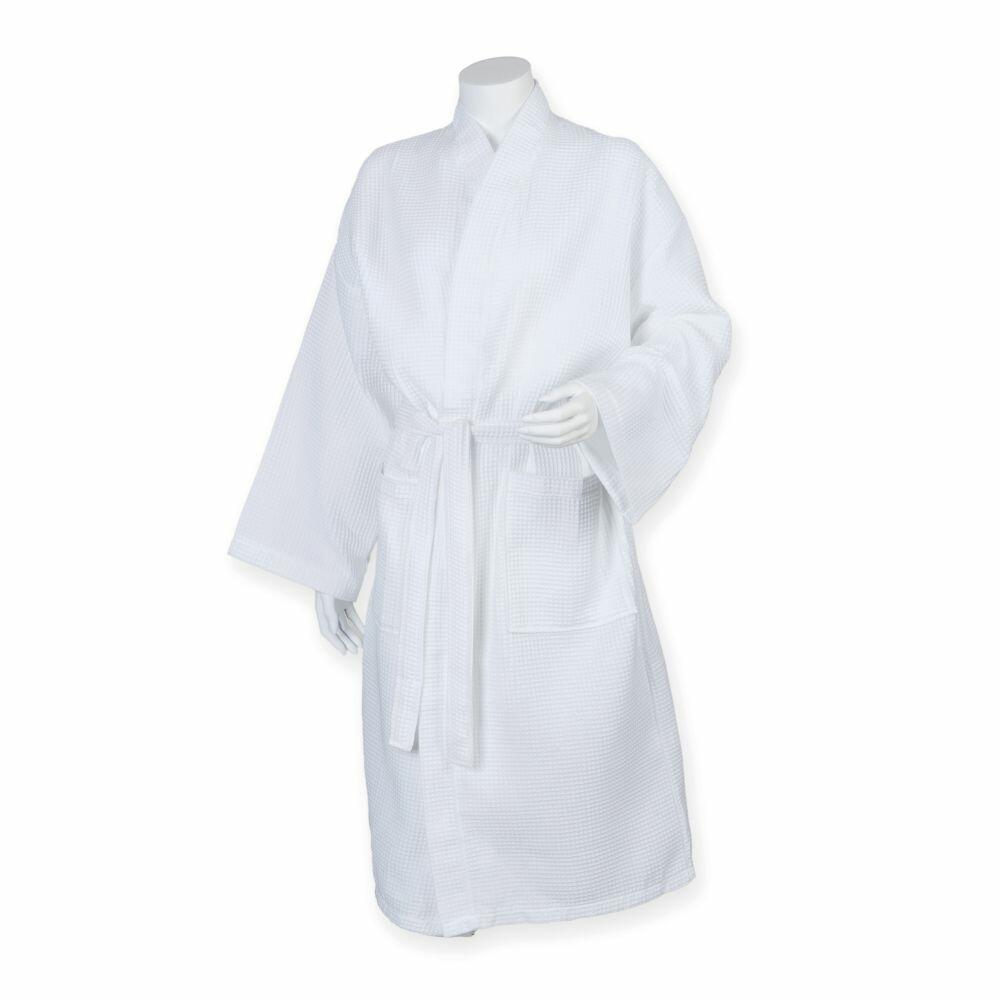 A white mannequin is dressed in the Towel City TC086, a long waffle-textured bathrobe featuring a belt and two front pockets.
