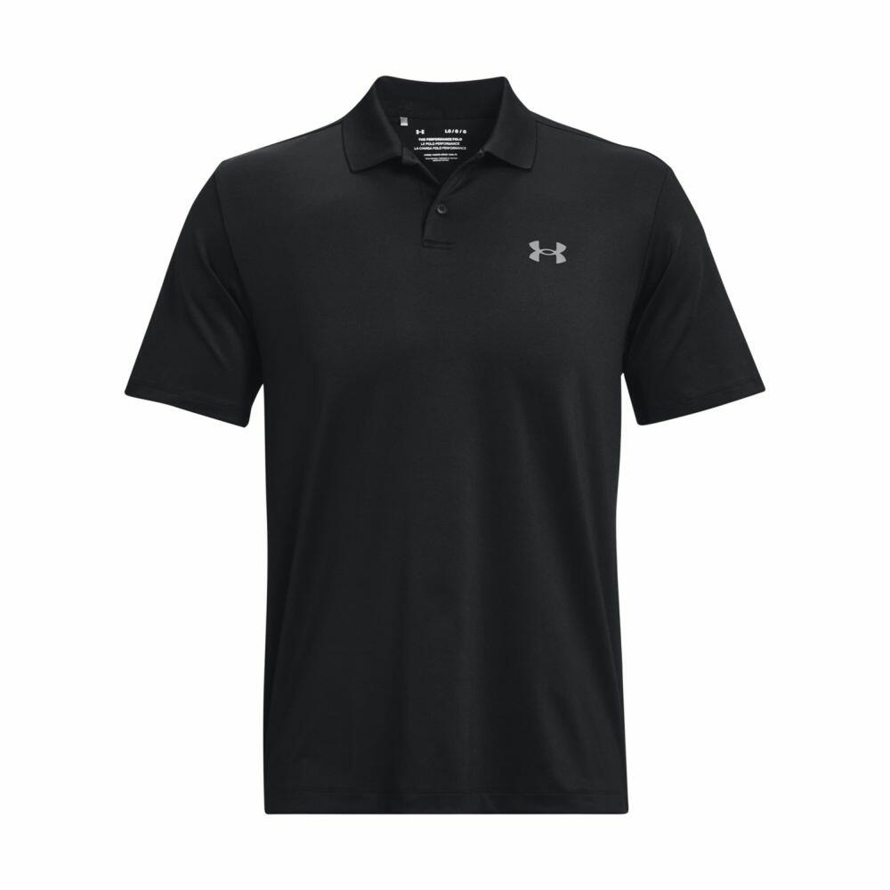 An Under Armour UA042 black polo shirt featuring a small logo on the left chest.