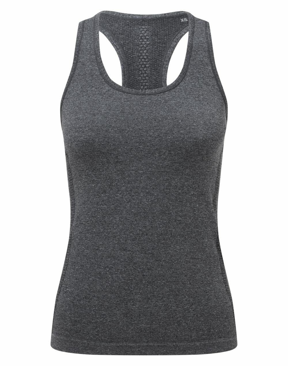 The TR209 by Tri-Dri is a sleeveless racerback tank top in dark gray, showcased on a white background.
