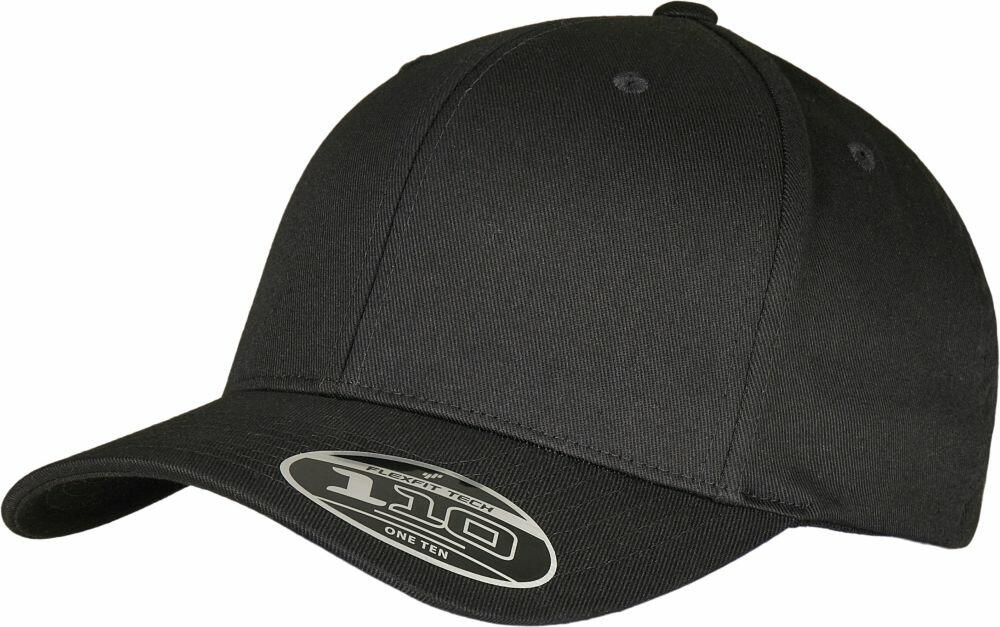 A black baseball cap with a curved brim and a sticker showcasing "110 Flexfit Tech," identified as product YP222 from the brand Flexfit By Yupoong.
