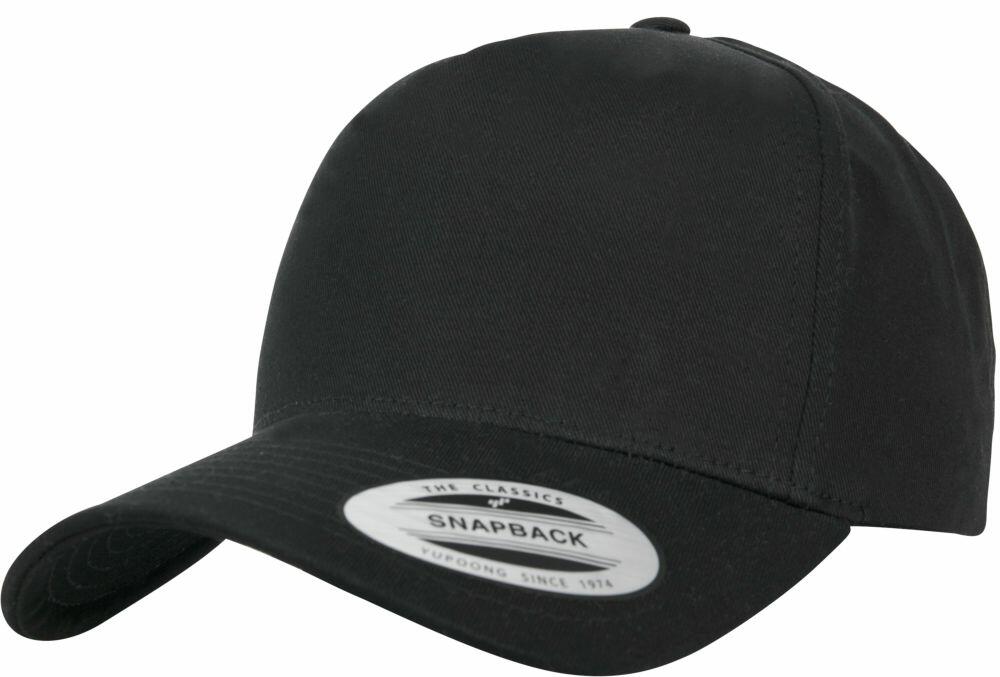 Flexfit By Yupoong's YP058 snapback cap features a black design with a curved brim and comes with a sticker on the front.