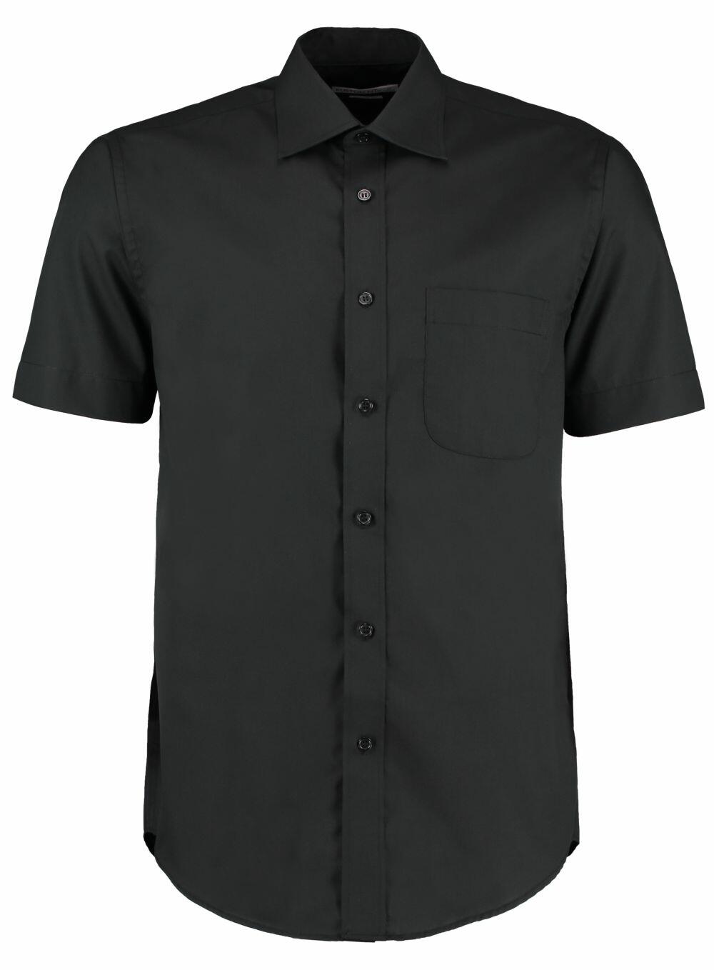 The KK102 short-sleeved black button-up shirt by Kustom Kit, featuring a chest pocket and displayed against a white background.