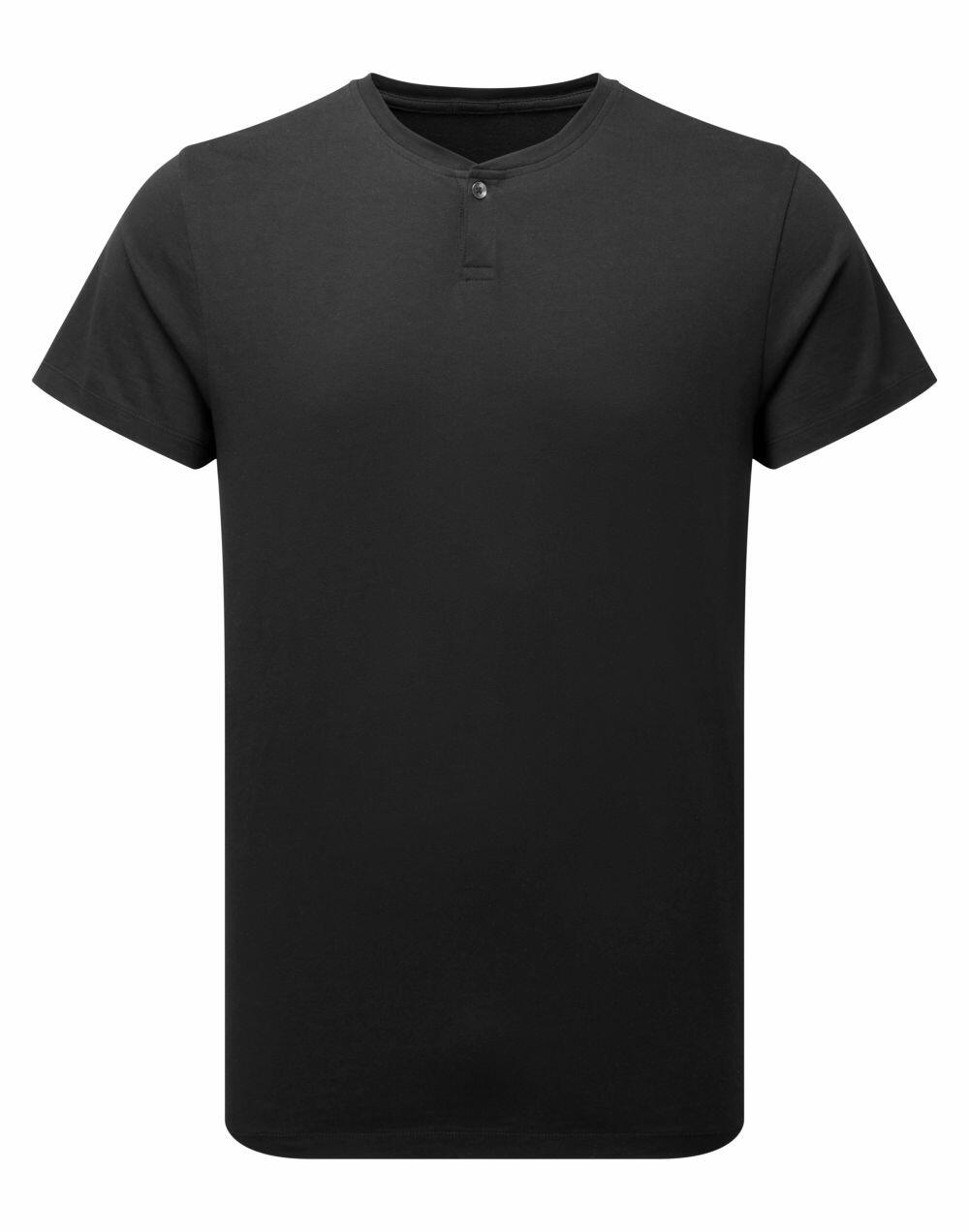 The Premier PR219 is a plain black short-sleeve henley t-shirt featuring a single button at the neckline.