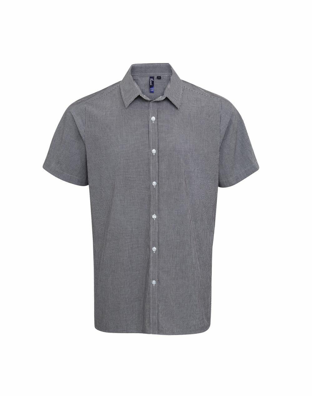 Premier's PR221 gray short-sleeve button-up shirt, featuring a collar, displayed on a plain white background.