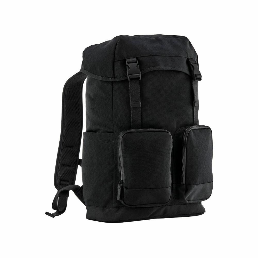 Quadra's QD270 is a black backpack featuring two front pockets, adjustable shoulder straps, and a top flap with buckle closures.