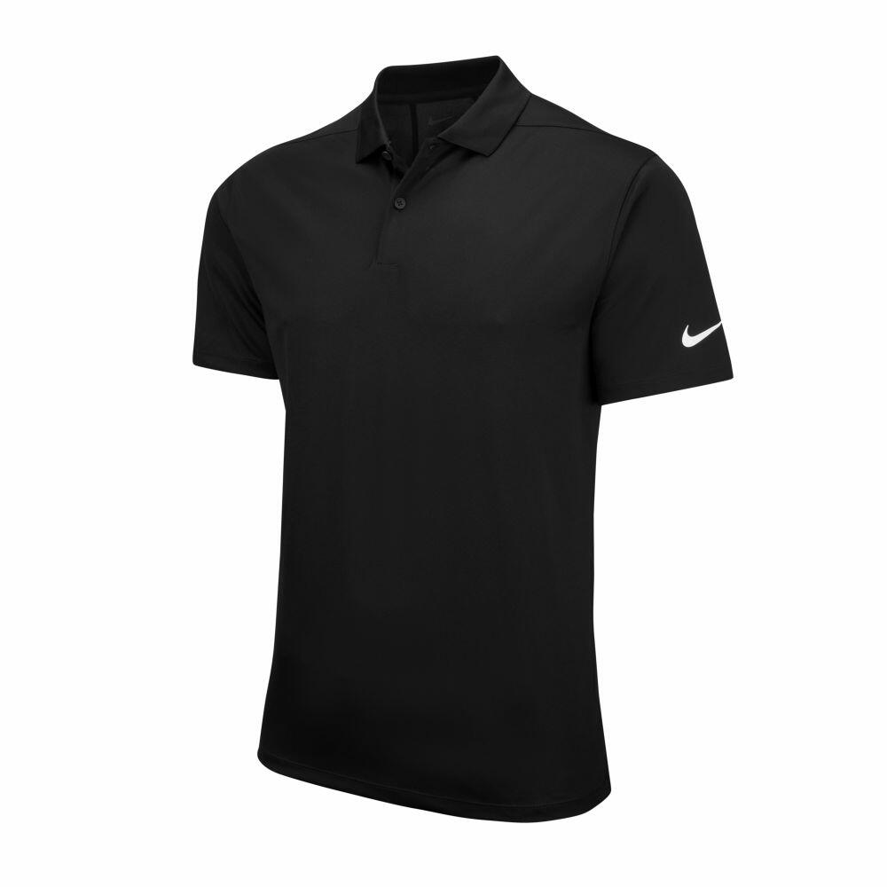 NK342 by Nike is a black polo shirt featuring short sleeves and a white logo on the left sleeve.