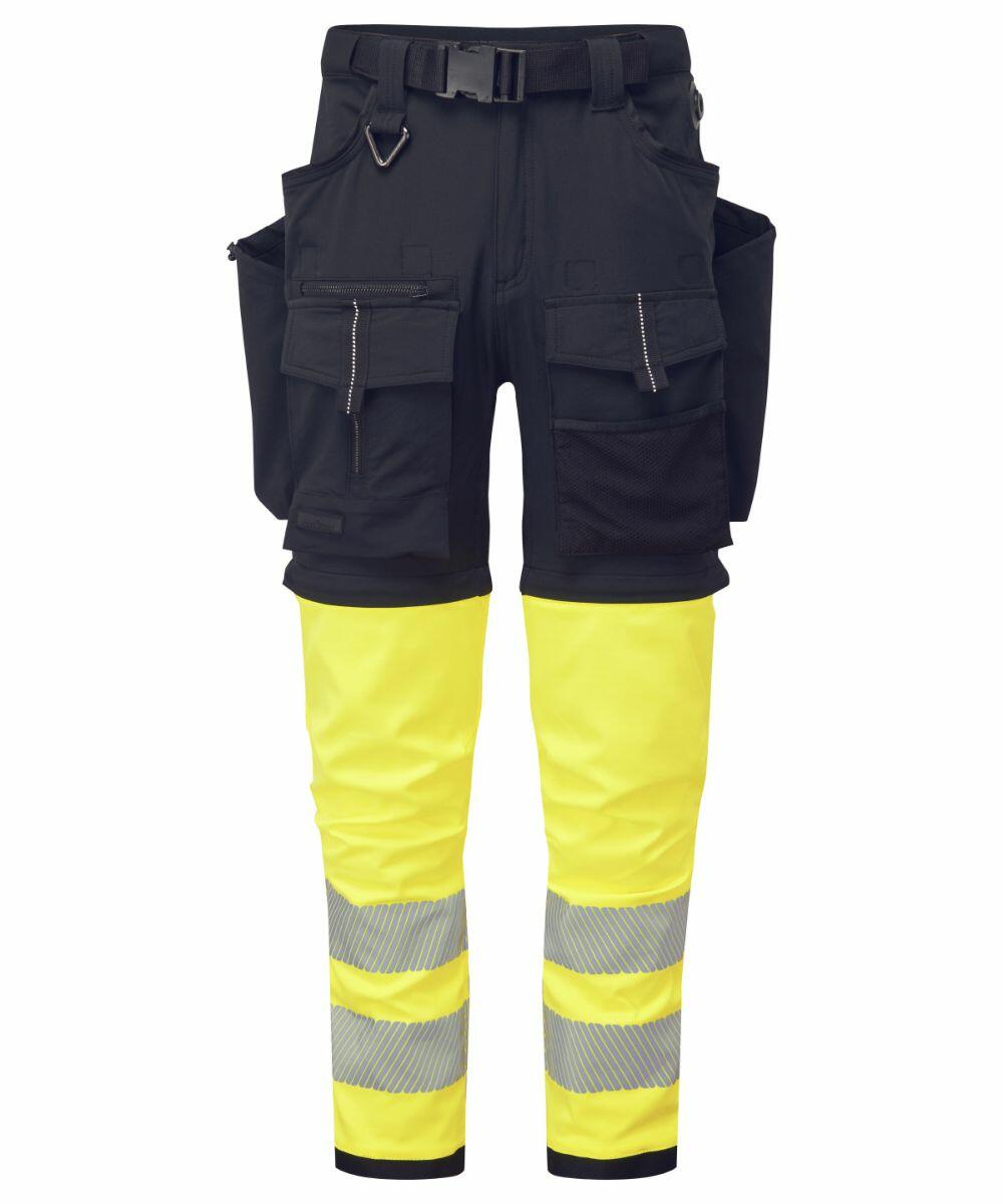 The PW180 by Portwest are black and yellow work pants featuring high visibility, reflective stripes, and multiple pockets.