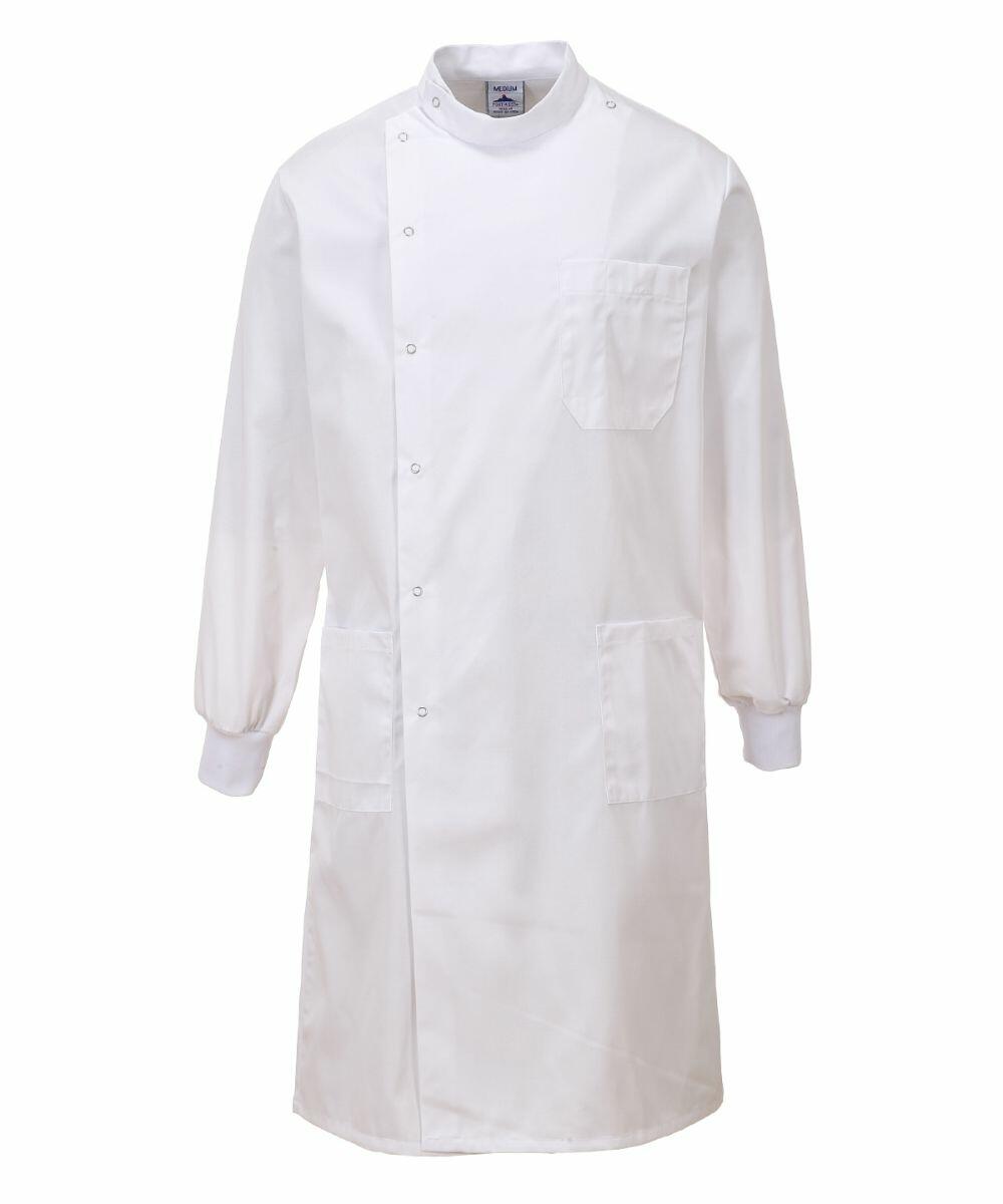 Portwest's PW185 is a white lab coat featuring long sleeves, a button closure, two waist pockets, and one chest pocket, showcased against a plain background.