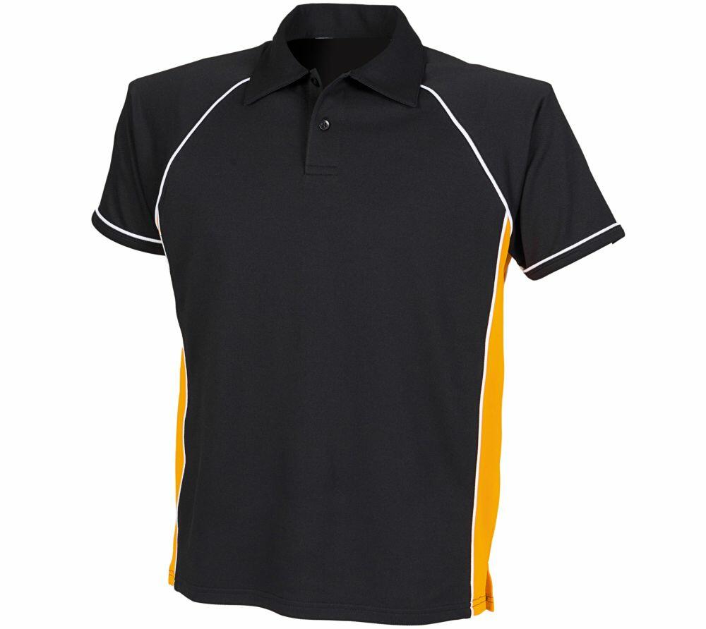 Finden & Hales LV370 black polo shirt, featuring yellow side panels, white piping, and a buttoned collar.