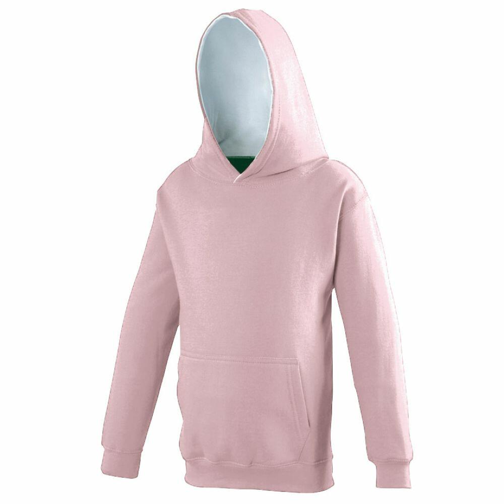 A light pink JH03J hooded sweatshirt by AWDis Just Hoods, featuring a front pocket and long sleeves, displayed without a person inside.