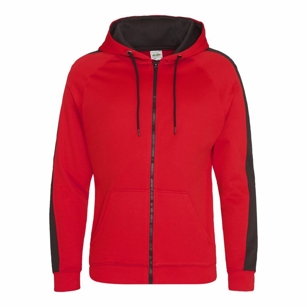 AWDis Just Hoods JH066 is a red zip-up hoodie with black accents on the sleeves, featuring a drawstring hood and front pockets.