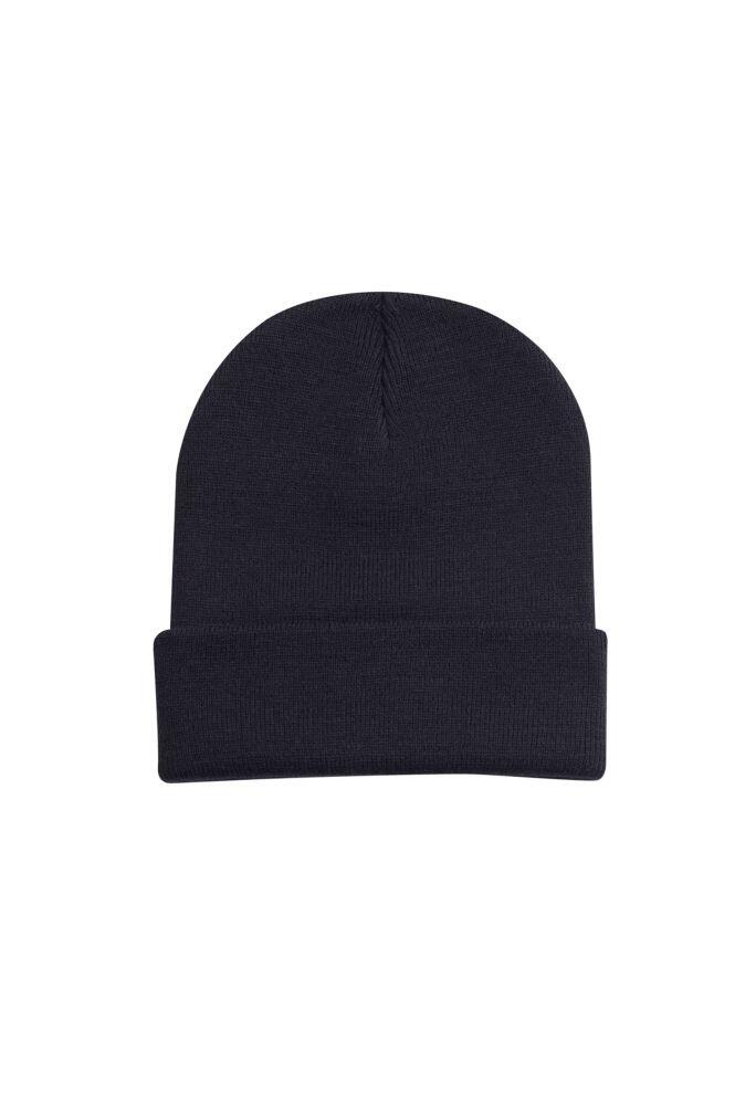 A Uneek Heavweight Cuffed knitted Beanie UC410 in Black on a white background