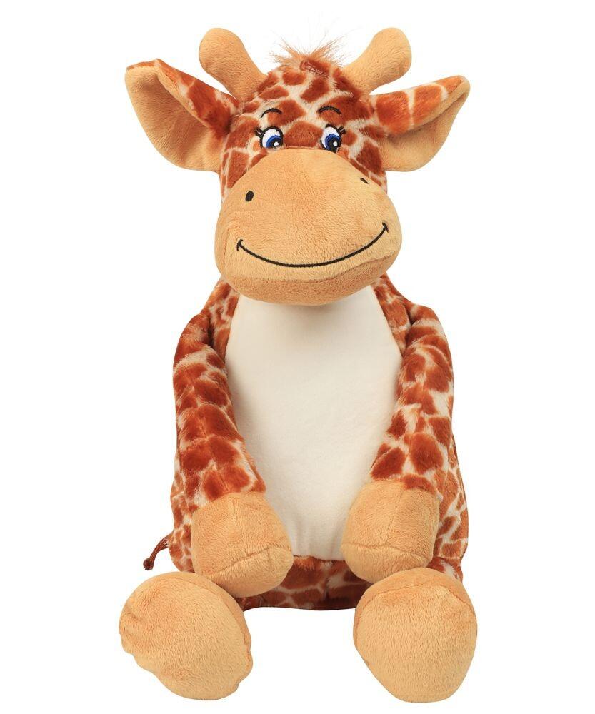 The Mumbles MM564 is a plush toy giraffe, featuring brown and white spots, blue eyes, and a smiling face while sitting upright.