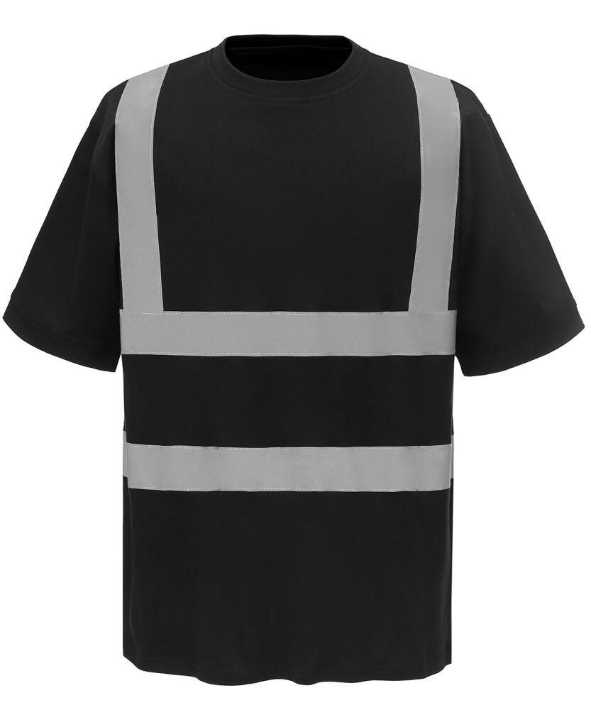 YK025 by Yoko is a black t-shirt featuring gray reflective stripes across the front and over the shoulders.
