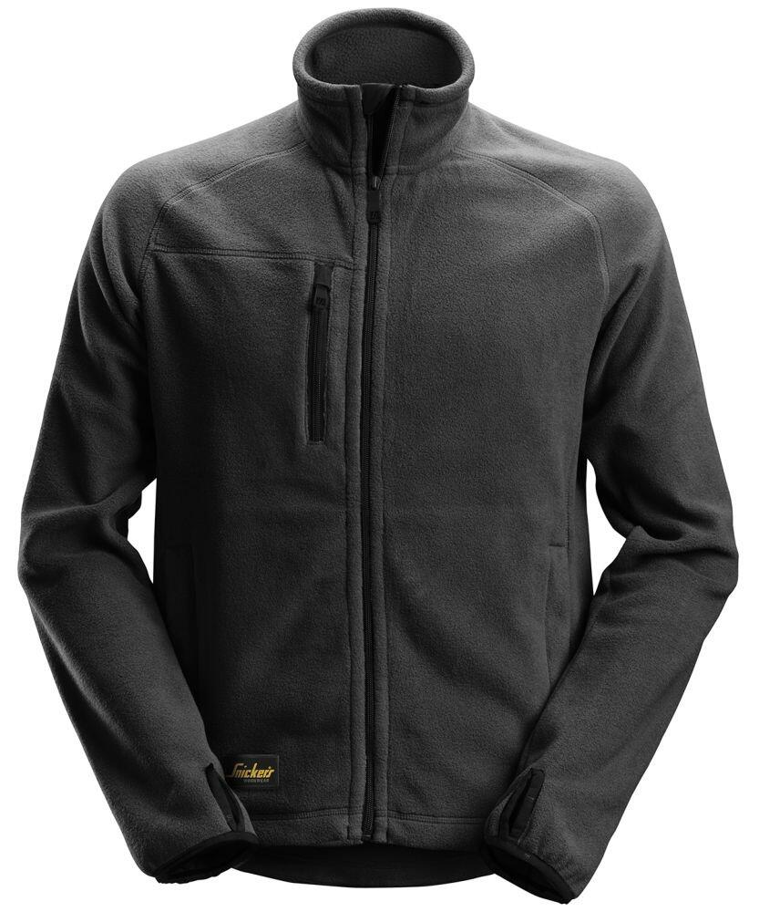 The Snickers SI036 is a dark gray fleece jacket featuring a front zipper, a stand-up collar, and a chest pocket.