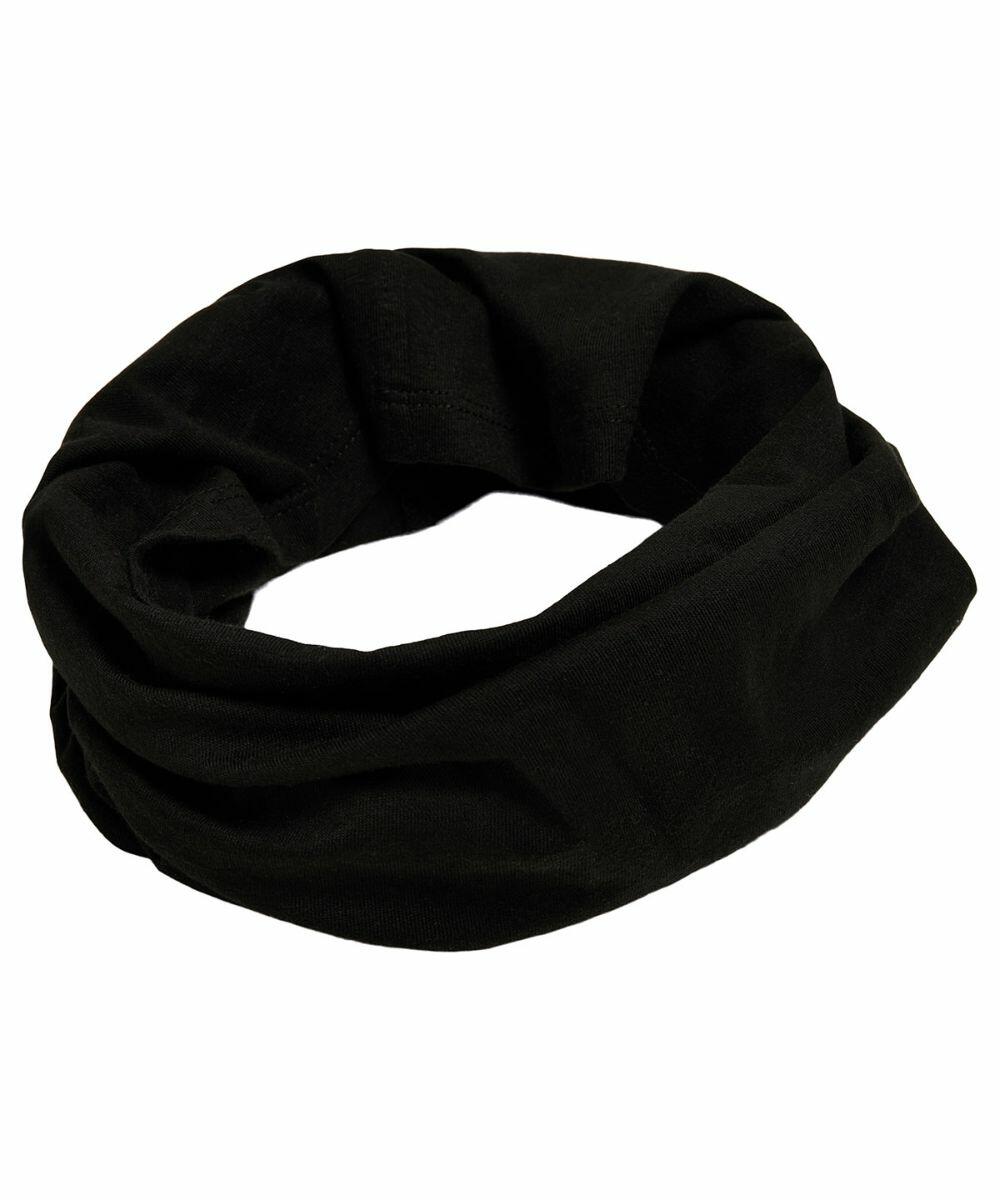 A black fabric BY200 neck gaiter by Build Your Brand, folded into a loop.