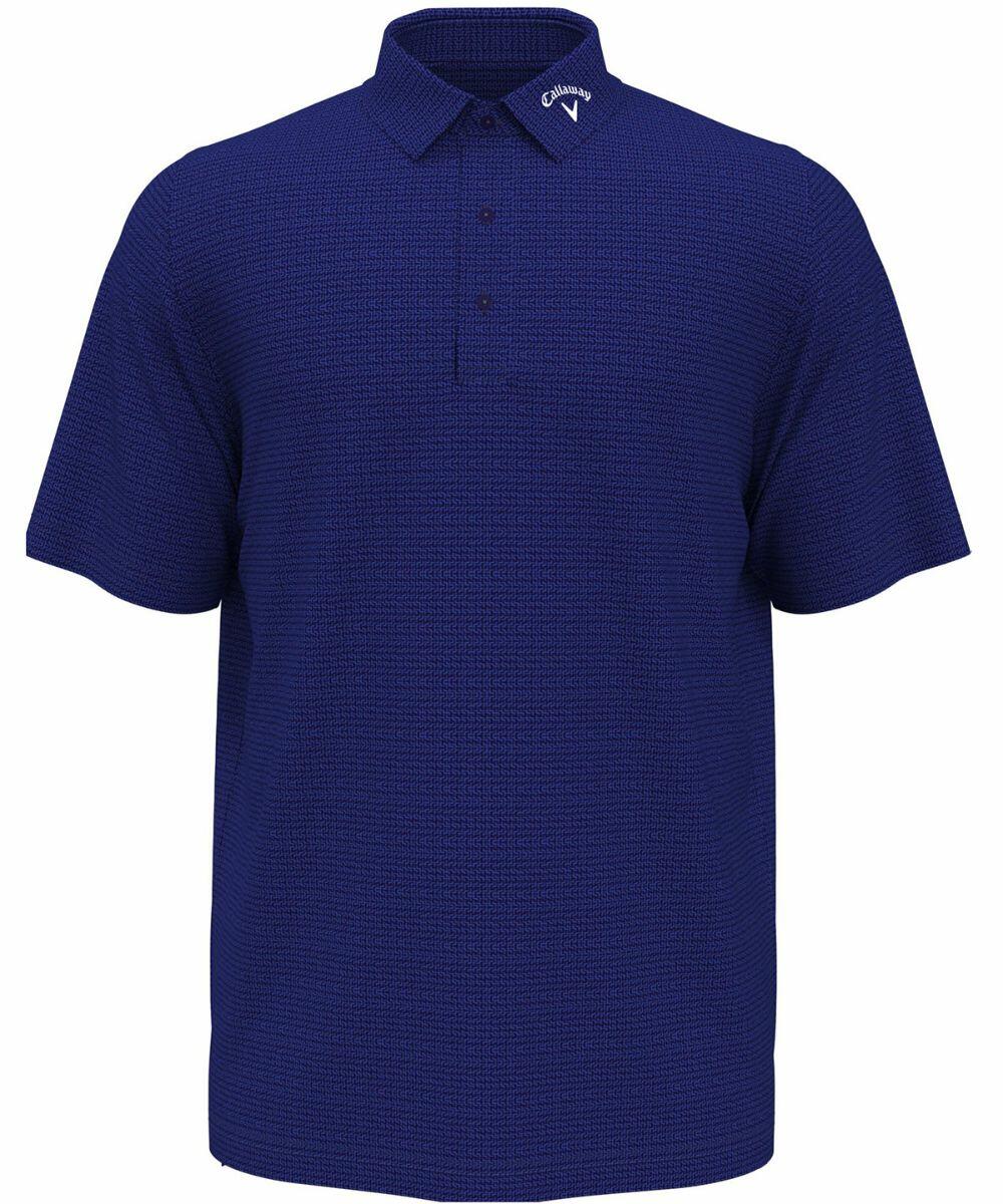 A blue short-sleeve polo shirt with a textured pattern and a three-button placket. The collar has the word "Callaway" and a logo printed on it, branded as Callaway CW033.