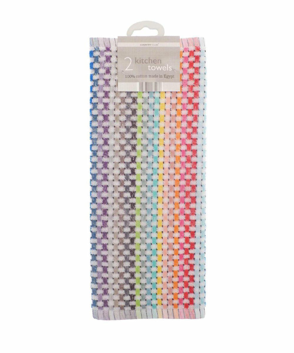 Package of two cotton kitchen towels with multicolored checkered patterns, labeled "HL212 by Home & Living, 2 kitchen towels, 100% cotton made in Egypt.
