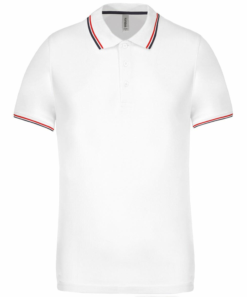 White Kariban KB250 polo shirt with short sleeves and red and black stripes around the collar and sleeve hems. The shirt features a three-button placket and no visible logos or designs.