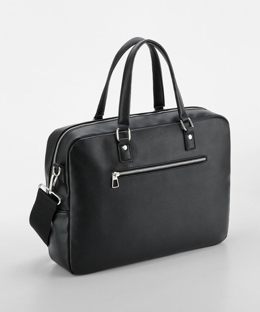 A Quadra QD771 black leather briefcase with two handles, a front zippered pocket, and a detachable shoulder strap.