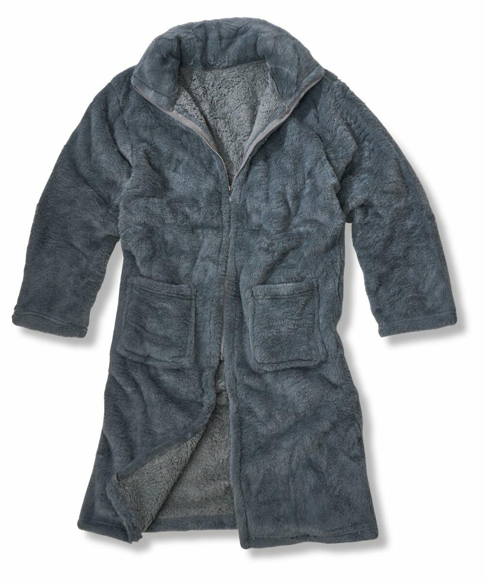 A grey, long-sleeved, knee-length, fleece bathrobe with two front pockets and a zipper closure, Ribbon RI017.