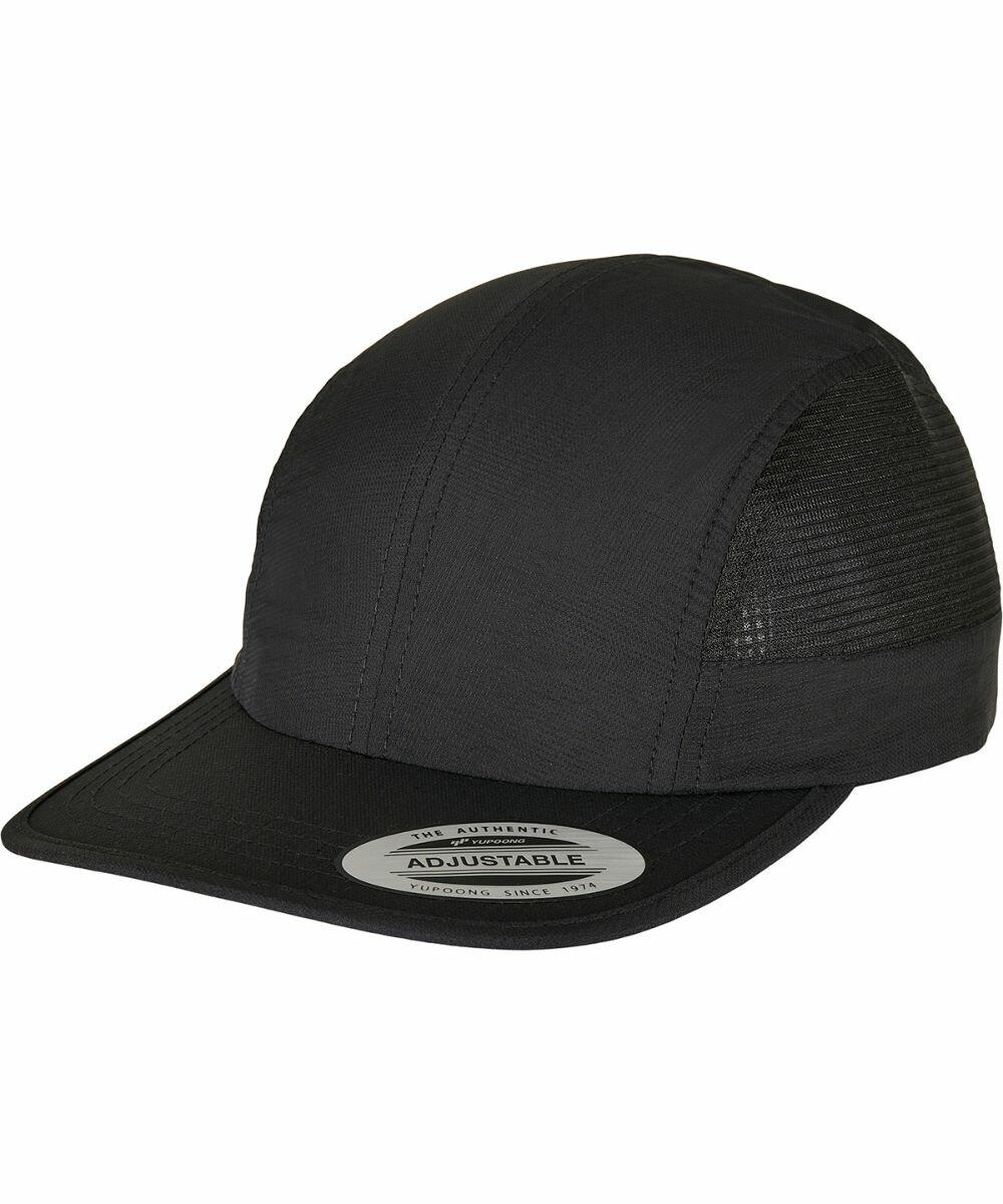 A black adjustable baseball cap with a curved brim and mesh panels on the sides, named YP213 by Flexfit By Yupoong.