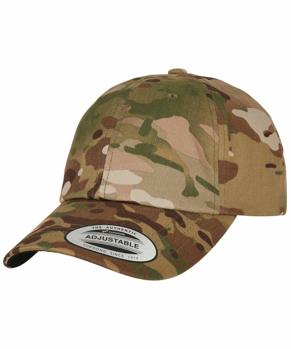 A Flexfit By Yupoong YP096 with a camouflage pattern and an adjustable strap at the back. The front has a sticker that reads "The Authentic Yupoong - Adjustable - Since 1974.