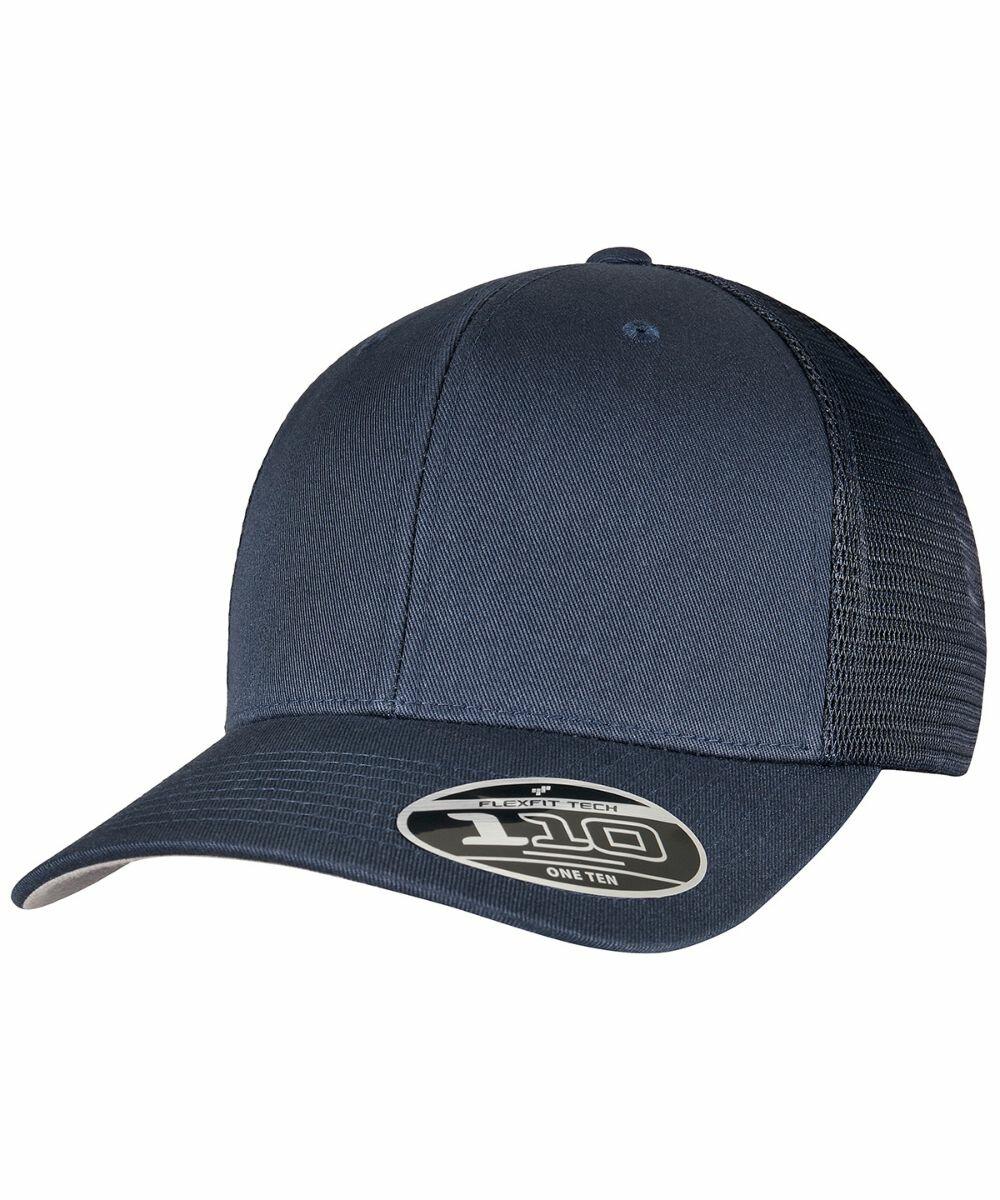 Navy blue baseball cap with a curved brim and mesh back panel. It has a sticker on the brim displaying product information for the YP151 by Flexfit By Yupoong.
