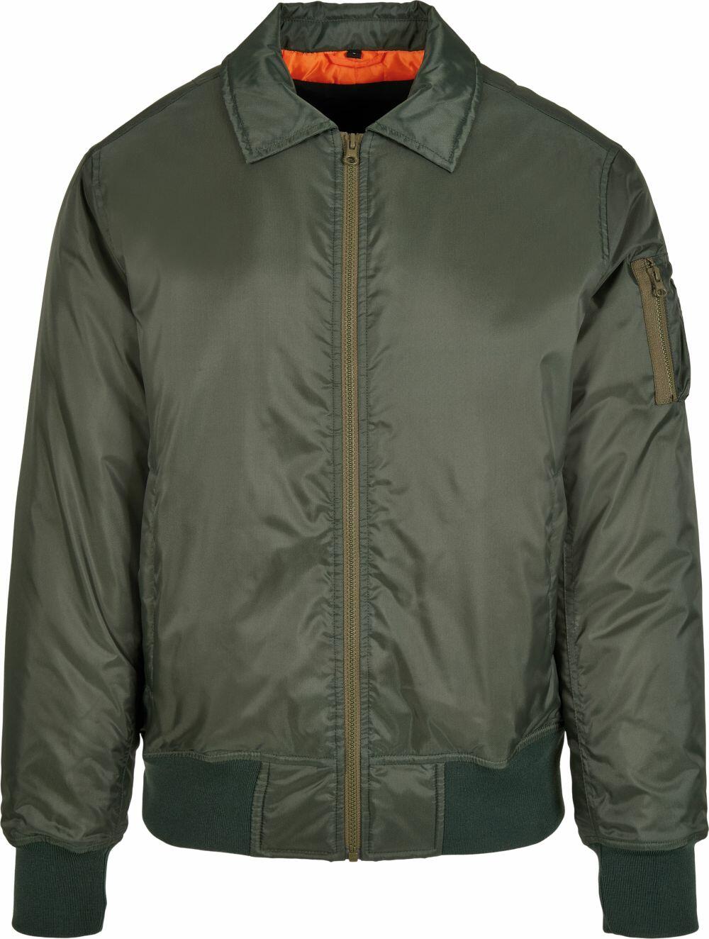 A green collar bomber jacket made of 100% nylon with a zipper front, ribbed cuffs and hem, and striking orange quilted lining. It features a zippered pocket on the left sleeve for added utility.