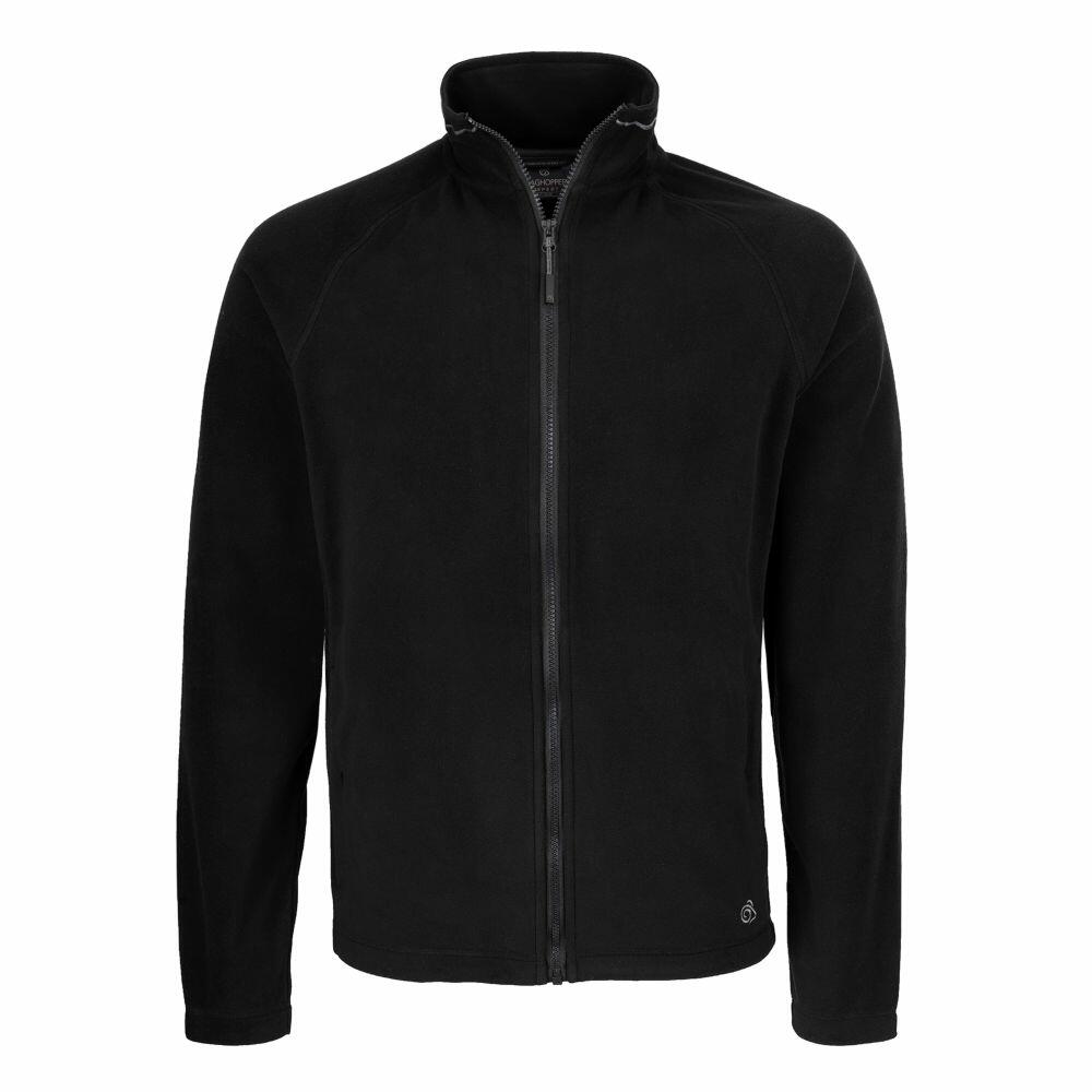 Craghoppers CR315 is a black zip-up fleece jacket that features a high collar, long sleeves, and a small logo on the lower right side.