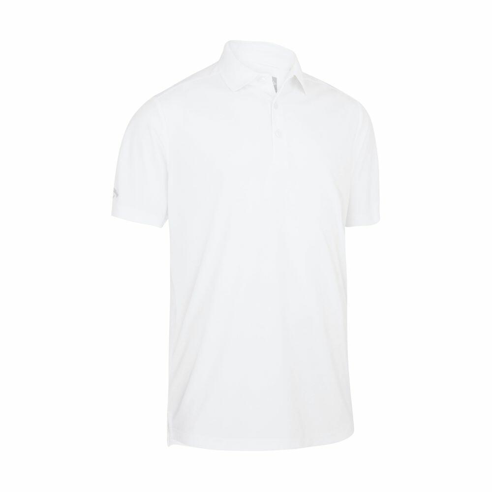Callaway's CW032 is a white polo shirt featuring short sleeves and a collar, showcased against a white background.