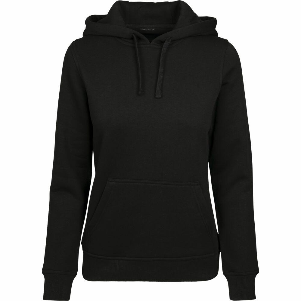 BY087, a plain black hoodie from Build Your Brand, featuring a front pocket and drawstring hood.